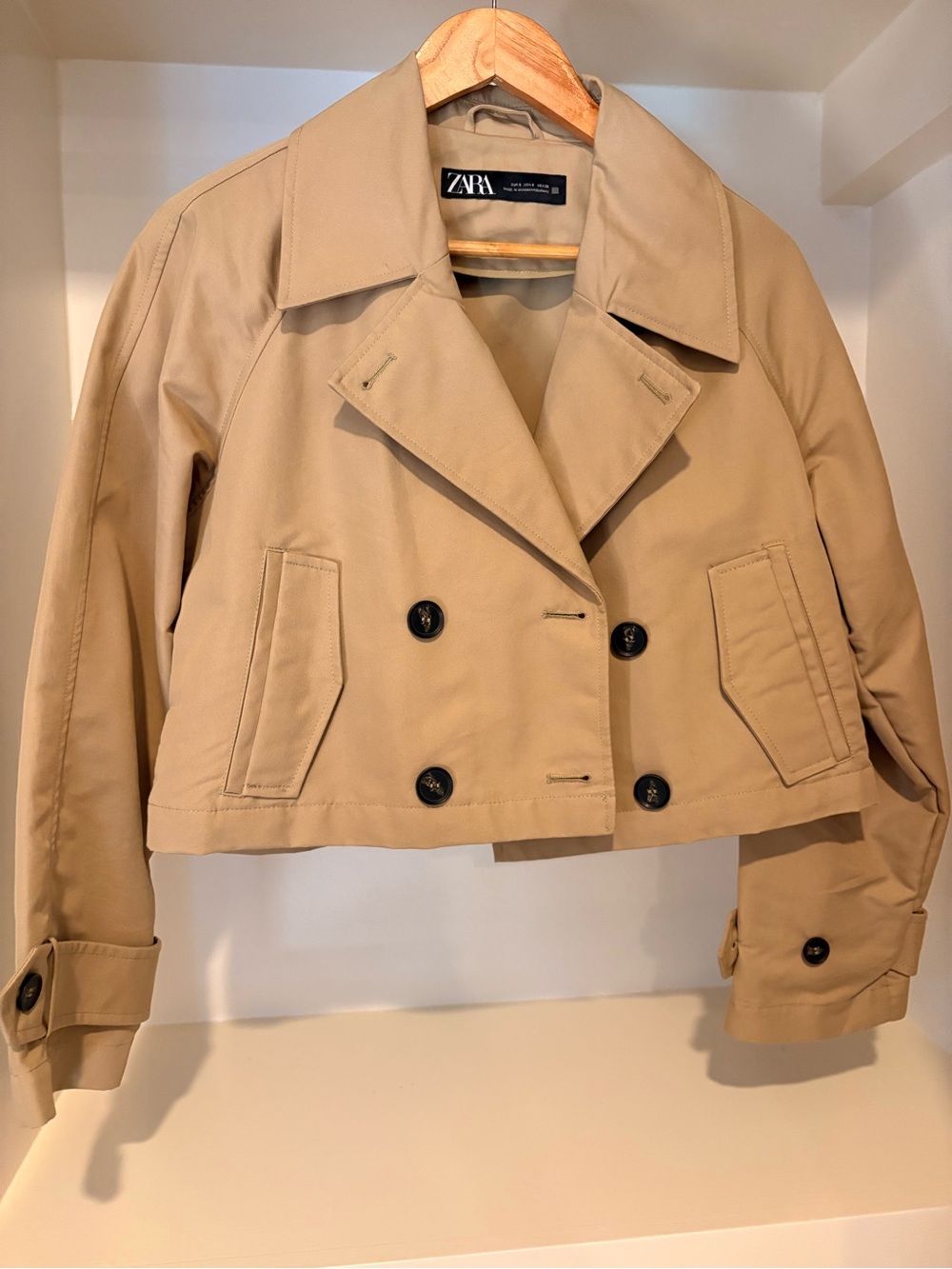 Zara Cropped Tan Double-Breasted Trench Coat